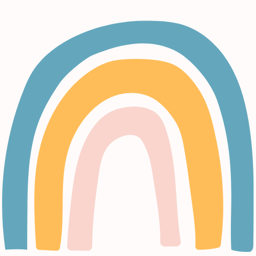 A simple rainbow logo in teal, yellow and rose